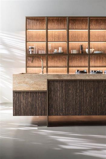 Ratio Dada contemporary modular kitchen Vincent Van Duysen cupboard black palm wood Rapolano marble