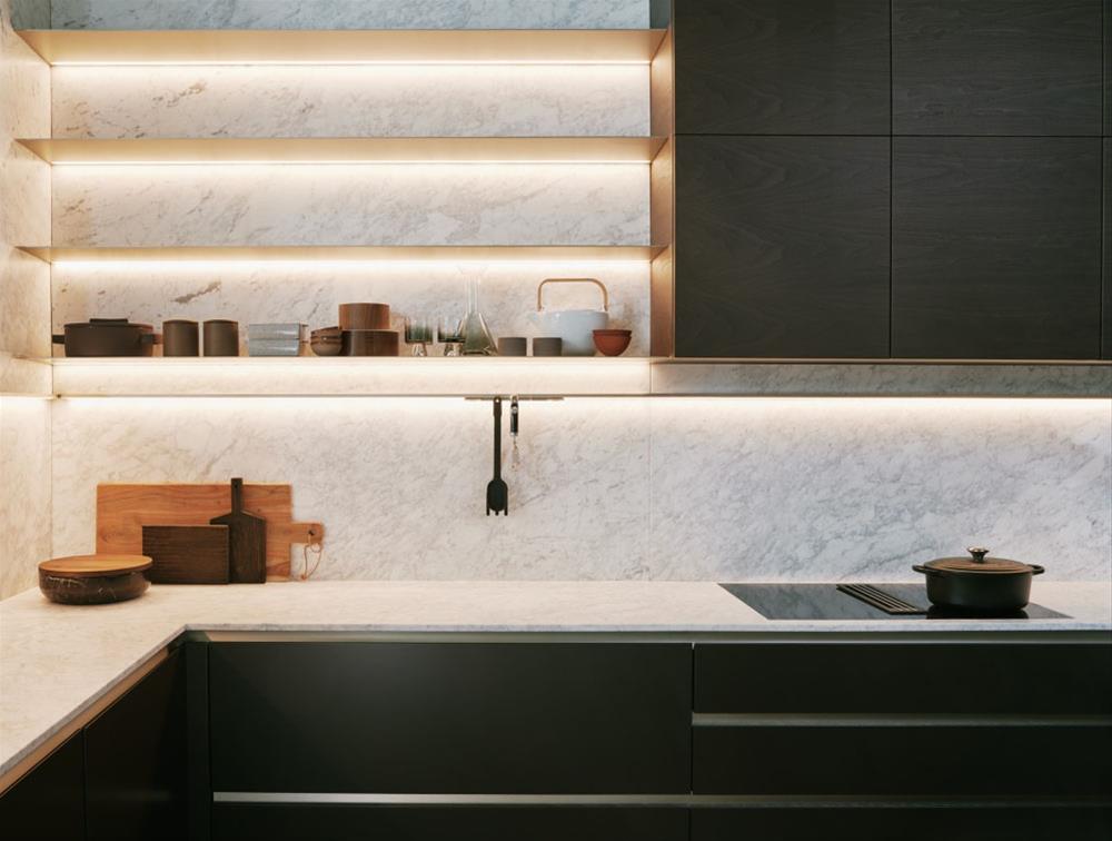 cucina dada prime marmo Carrara impugnatura curva apertura zone lavaggio luci al LED mensole